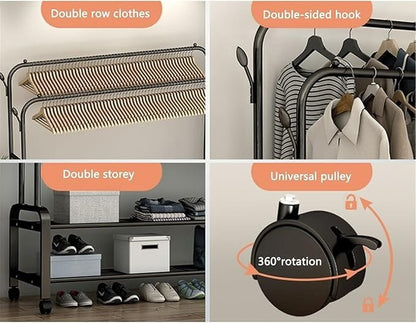 Heavy Duty Metal Clothes Rack with Wheels – Double Rail & Storage Shelf - Saadiq.pk