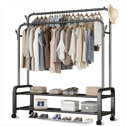 Heavy Duty Metal Clothes Rack with Wheels – Double Rail & Storage Shelf - Saadiq.pk