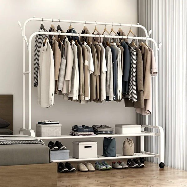 Heavy Duty Metal Clothes Rack with Wheels – Double Rail & Storage Shelf - Saadiq.pk