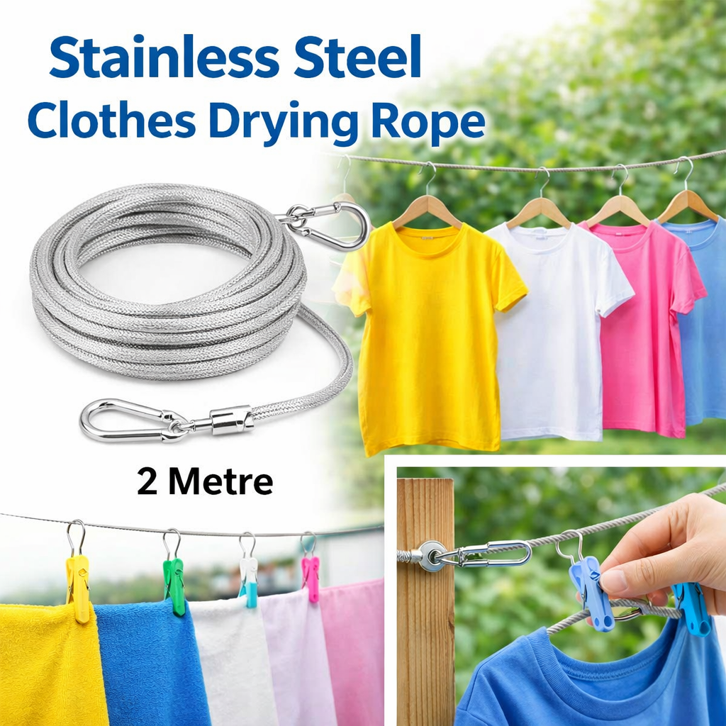 Heavy Duty Stainless Steel Clothes Drying Rope – 2M Portable Laundry Hanging Line for Indoor & Outdoor Use - Saadiq.pk