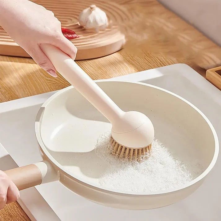Kitchen Cleaning Brush with Soap Dispenser – Long Handle Rotating Pot & Dish Scrubber - Saadiq.pk