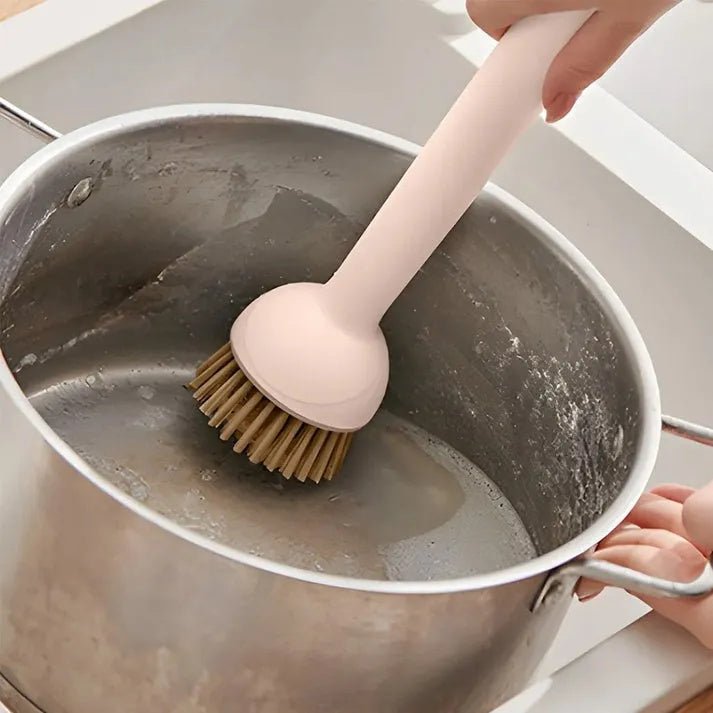 Kitchen Cleaning Brush with Soap Dispenser – Long Handle Rotating Pot & Dish Scrubber - Saadiq.pk