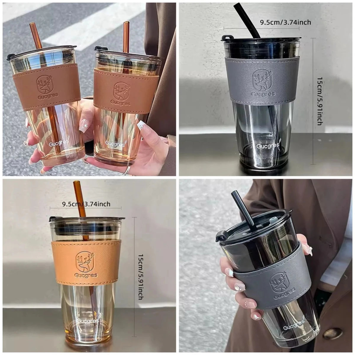 Leakproof 450ml Glass Cup with Straw | Stylish Leather Handle Tumbler for Coffee, Tea & Juice - Saadiq.pk