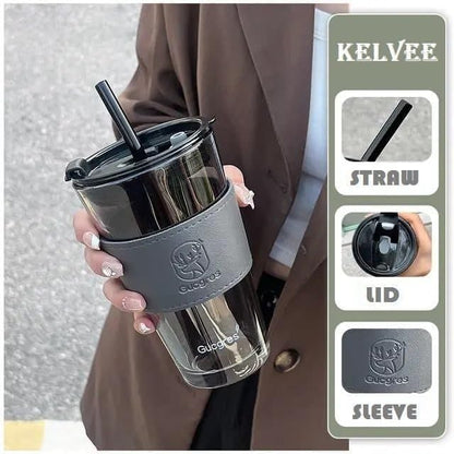 Leakproof 450ml Glass Cup with Straw | Stylish Leather Handle Tumbler for Coffee, Tea & Juice - Saadiq.pk