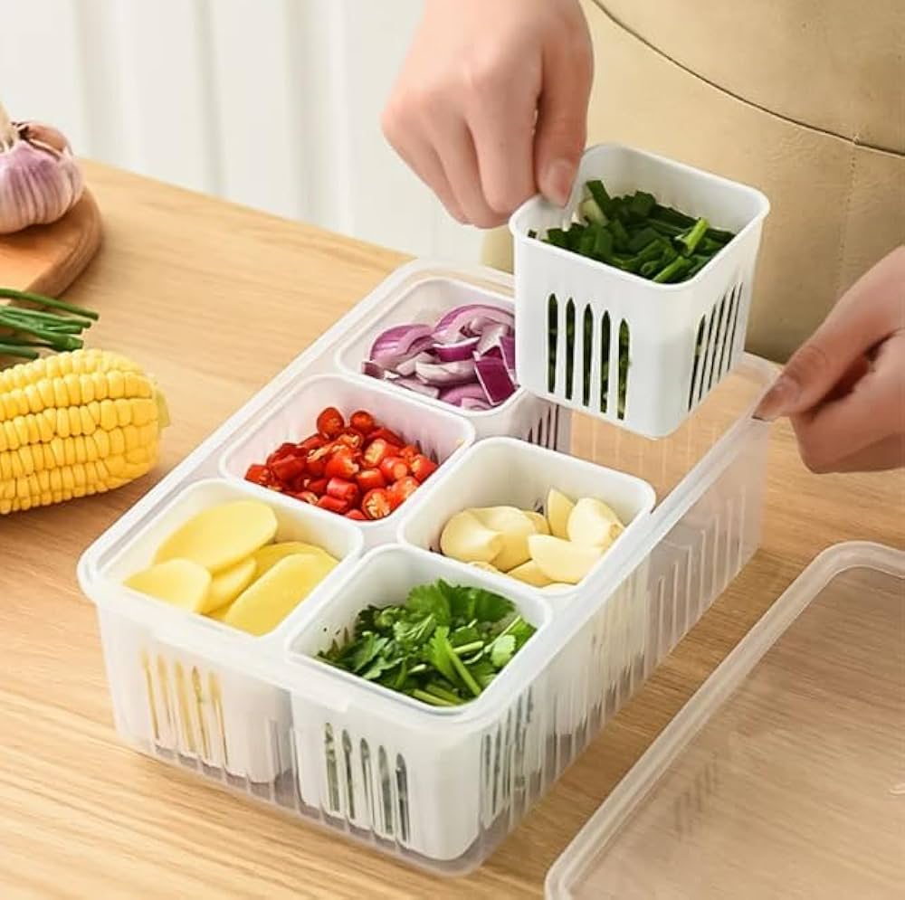 Multi‑Compartment Food Storage Box with Lid – Vegetable & Spice Organizer - Saadiq.pk
