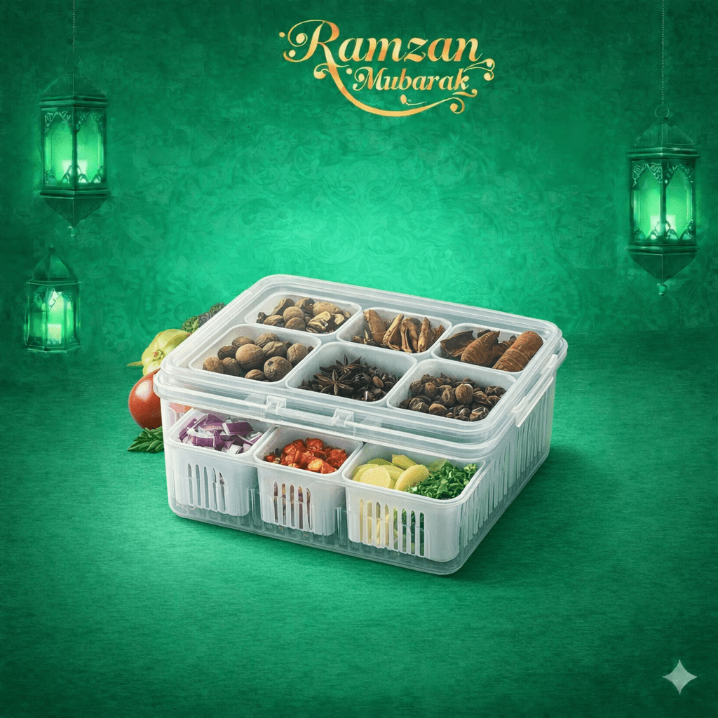 Multi‑Compartment Food Storage Box with Lid – Vegetable & Spice Organizer - Saadiq.pk