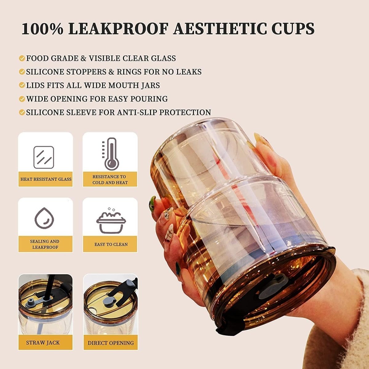 Premium Coffee Glass Mug with Leather Sleeve & Straw | Heat‑Resistant Drink Cup 450ML - Saadiq.pk