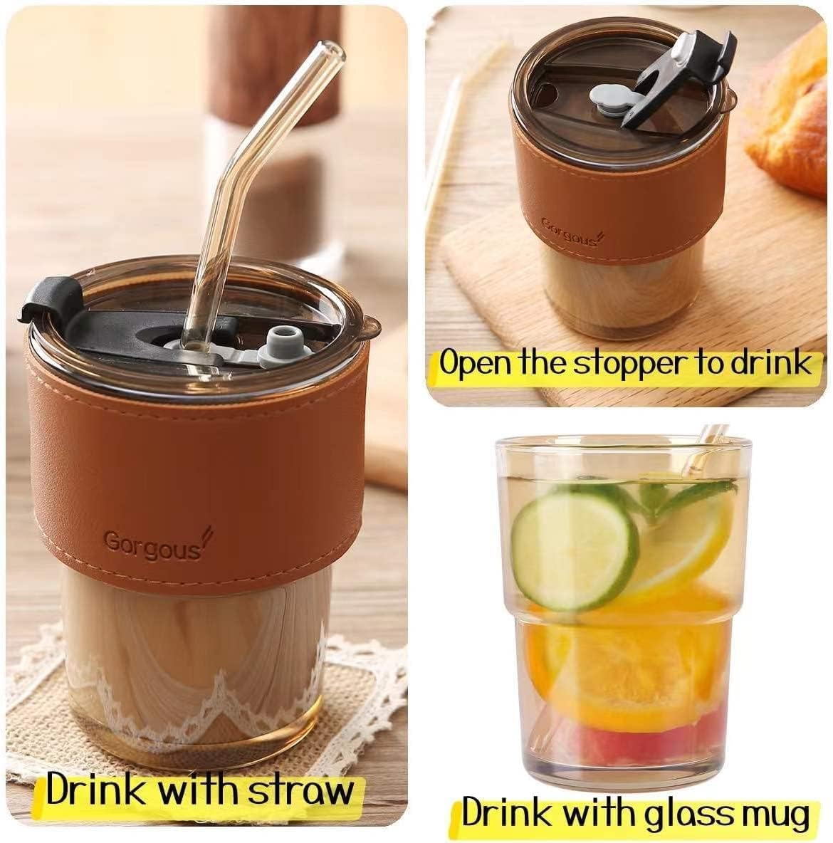 Premium Coffee Glass Mug with Leather Sleeve & Straw | Heat‑Resistant Drink Cup 450ML - Saadiq.pk