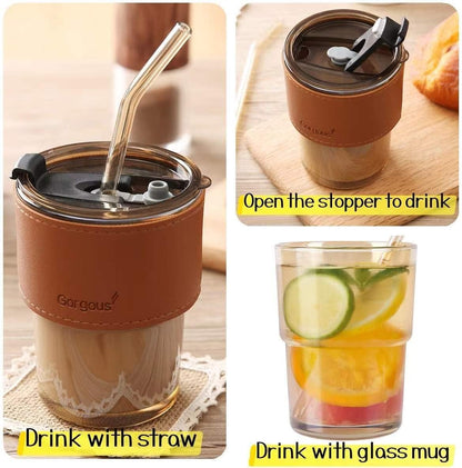 Premium Coffee Glass Mug with Leather Sleeve & Straw | Heat‑Resistant Drink Cup 450ML - Saadiq.pk
