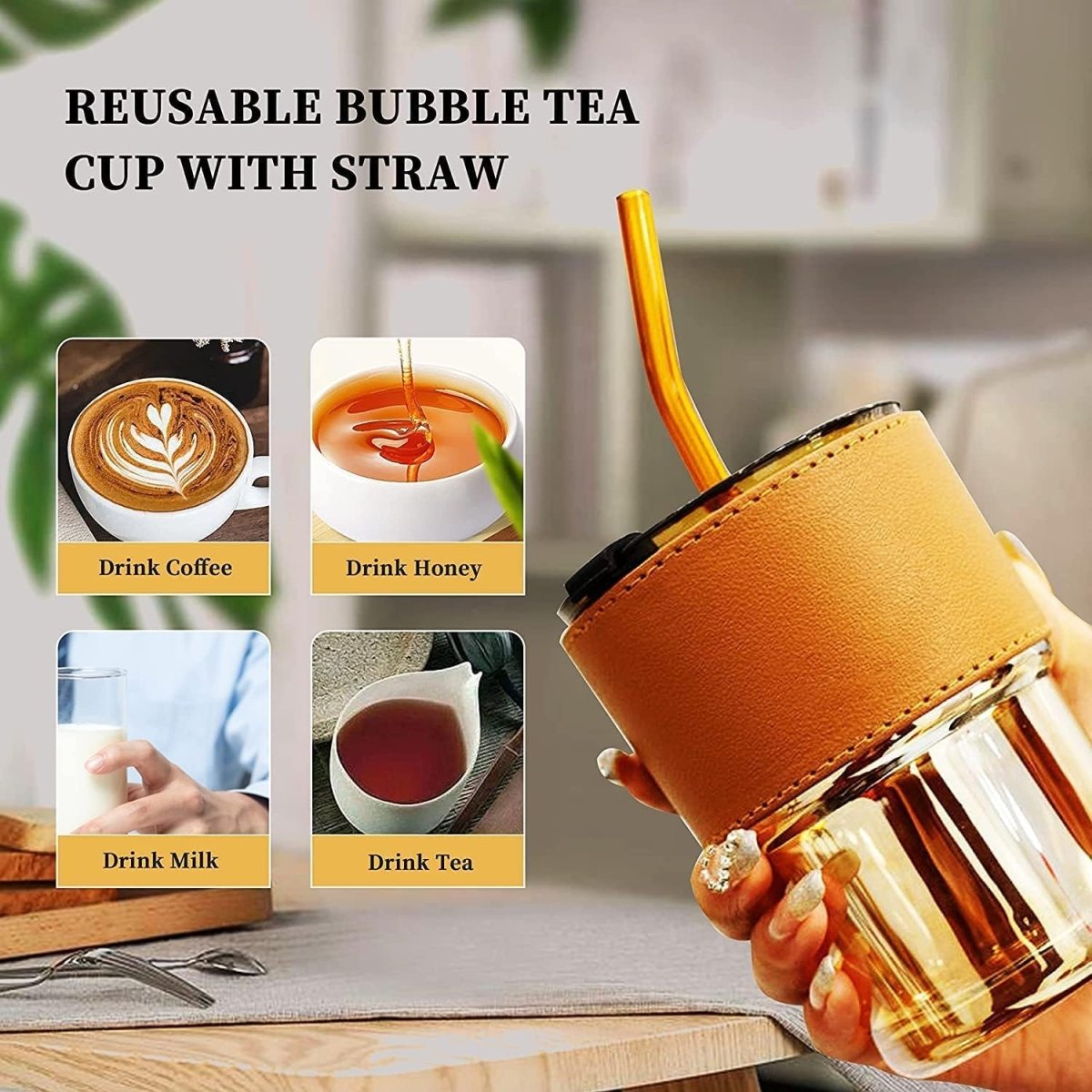 Premium Coffee Glass Mug with Leather Sleeve & Straw | Heat‑Resistant Drink Cup 450ML - Saadiq.pk