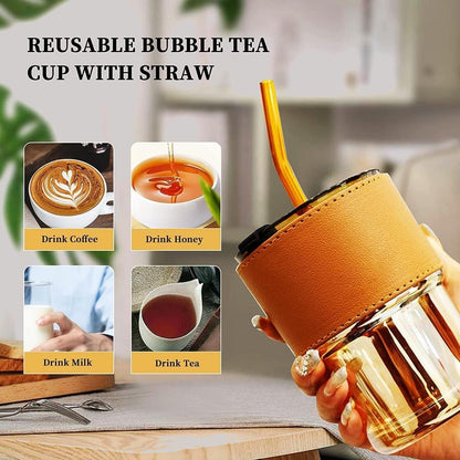 Premium Coffee Glass Mug with Leather Sleeve & Straw | Heat‑Resistant Drink Cup 450ML - Saadiq.pk