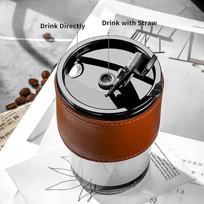 Premium Coffee Glass Mug with Leather Sleeve & Straw | Heat‑Resistant Drink Cup 450ML - Saadiq.pk