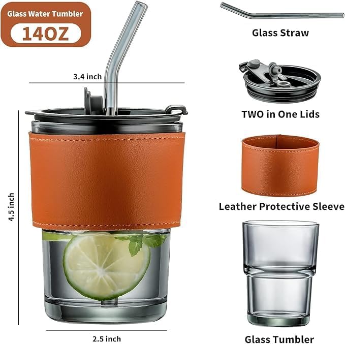 Premium Coffee Glass Mug with Leather Sleeve & Straw | Heat‑Resistant Drink Cup 450ML - Saadiq.pk