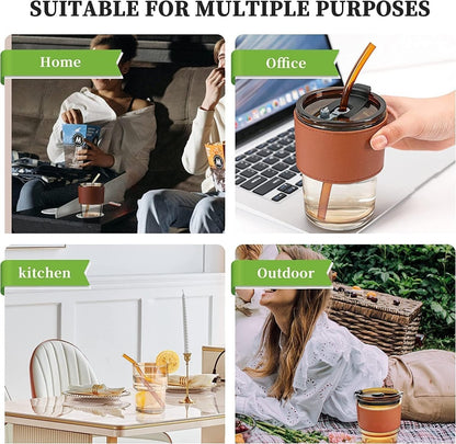 Premium Coffee Glass Mug with Leather Sleeve & Straw | Heat‑Resistant Drink Cup 450ML - Saadiq.pk