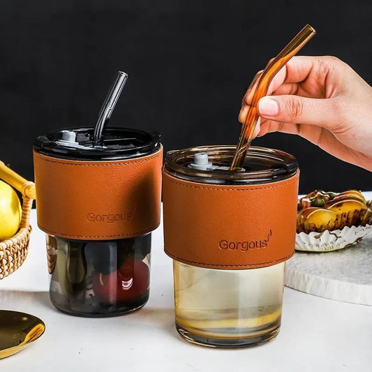 Premium Coffee Glass Mug with Leather Sleeve & Straw | Heat‑Resistant Drink Cup 450ML - Saadiq.pk