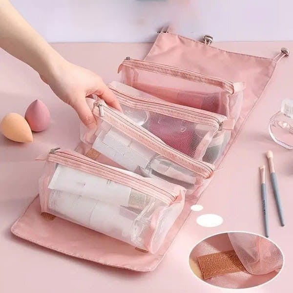 Premium Foldable Travel Makeup Organizer – Detachable Zipper Pouch Hanging Cosmetic Storage Bag - Saadiq.pk
