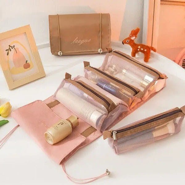 Premium Foldable Travel Makeup Organizer – Detachable Zipper Pouch Hanging Cosmetic Storage Bag - Saadiq.pk