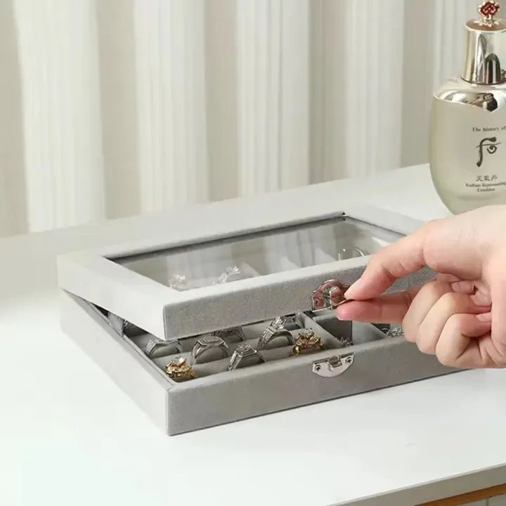 Premium Multi‑Compartment Jewelry Organizer – Glass Top Ring & Earrings Display Storage Box - Saadiq.pk