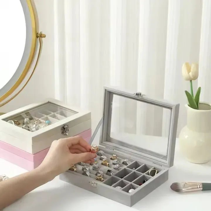 Premium Multi‑Compartment Jewelry Organizer – Glass Top Ring & Earrings Display Storage Box - Saadiq.pk