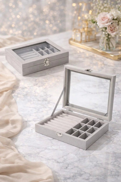 Premium Multi‑Compartment Jewelry Organizer – Glass Top Ring & Earrings Display Storage Box - Saadiq.pk