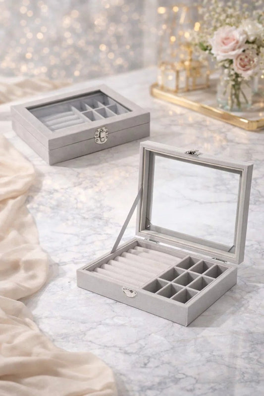 Premium Multi‑Compartment Jewelry Organizer – Glass Top Ring & Earrings Display Storage Box - Saadiq.pk