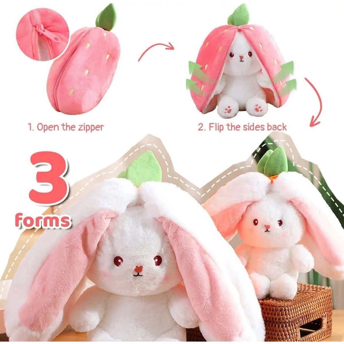 Reversible Bunny Plush – Strawberry & Carrot Soft Stuffed Toy - Saadiq.pk