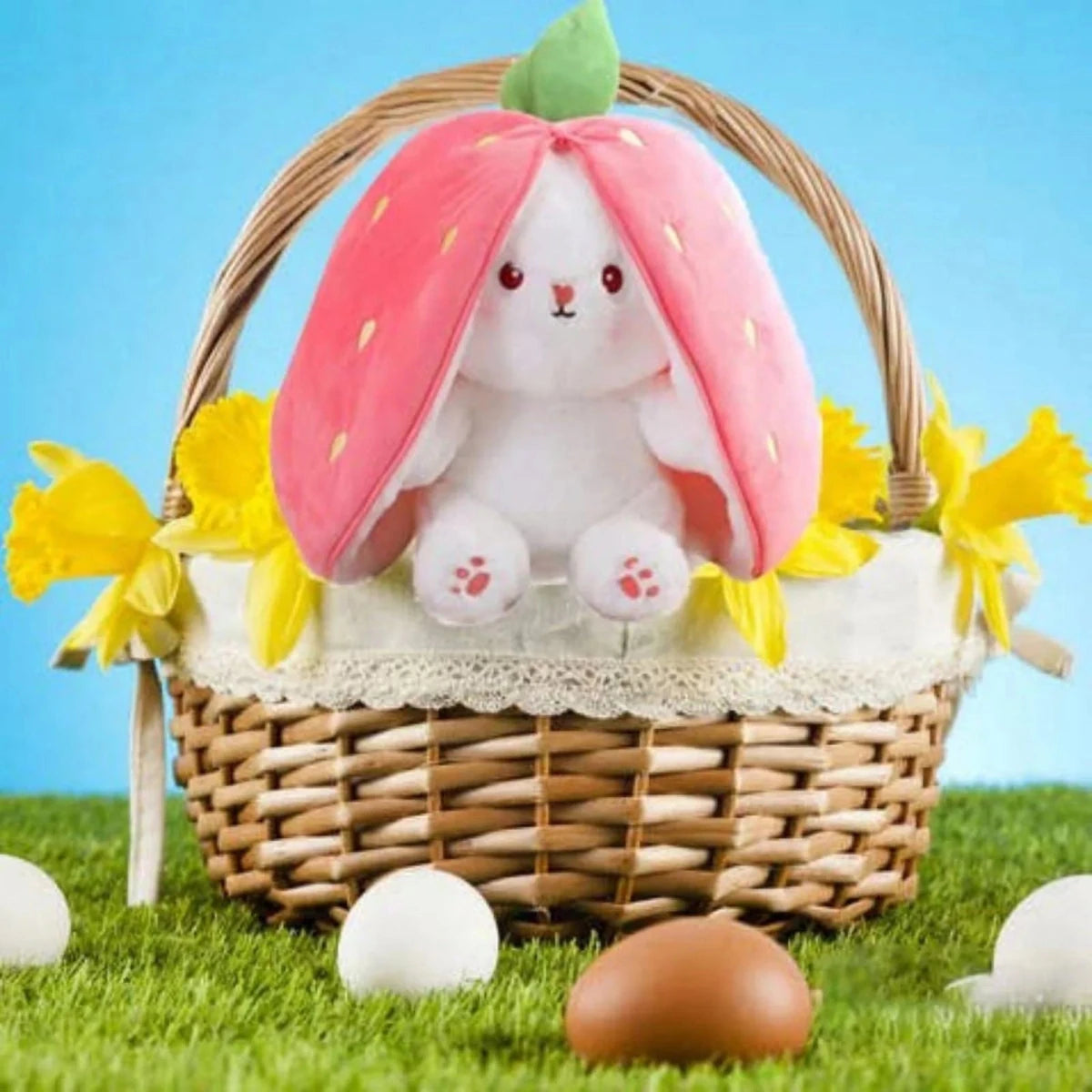 Reversible Bunny Plush – Strawberry & Carrot Soft Stuffed Toy - Saadiq.pk