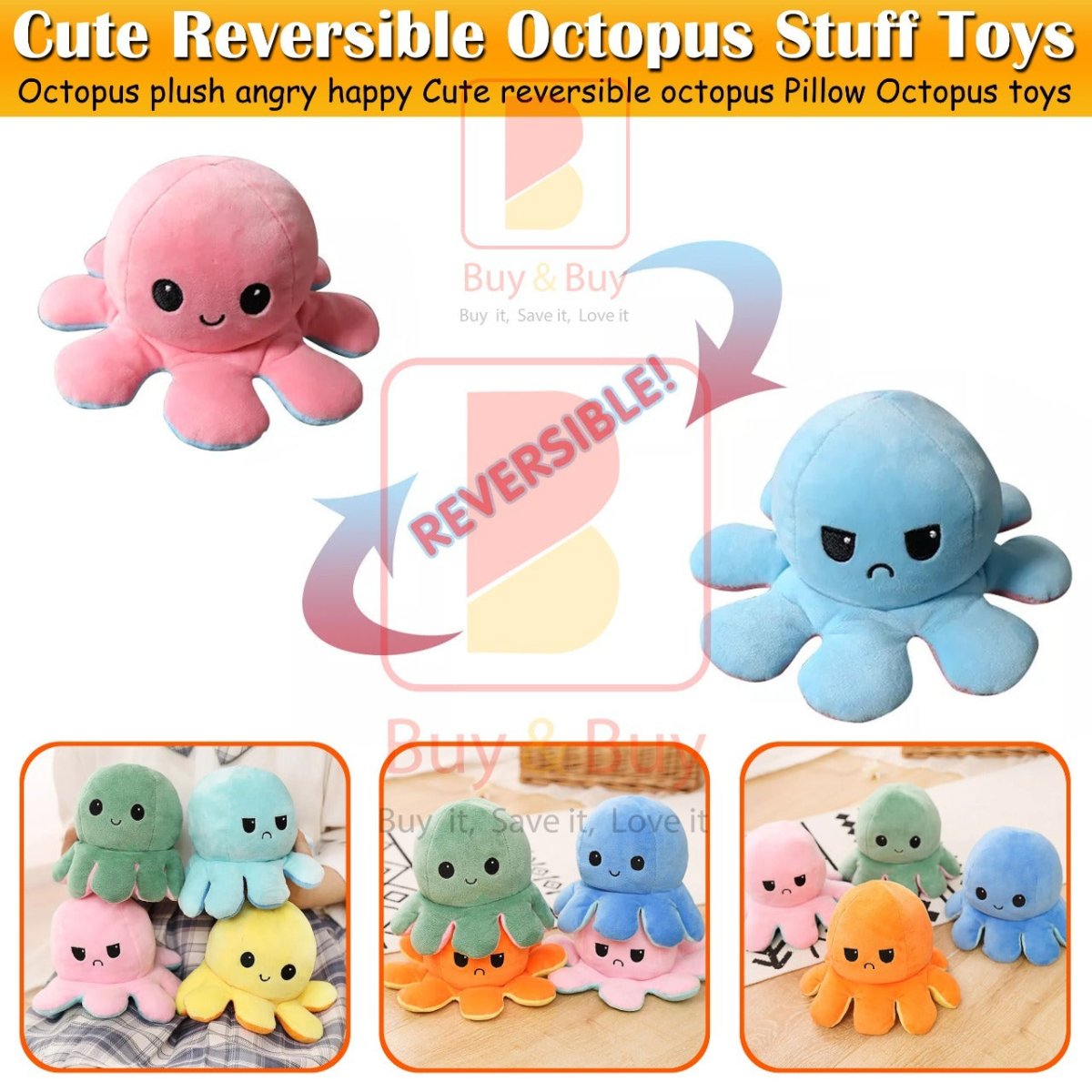 Reversible Octopus Plush Toy – Double - Sided Mood Changing Stuffed Doll - Saadiq.pk