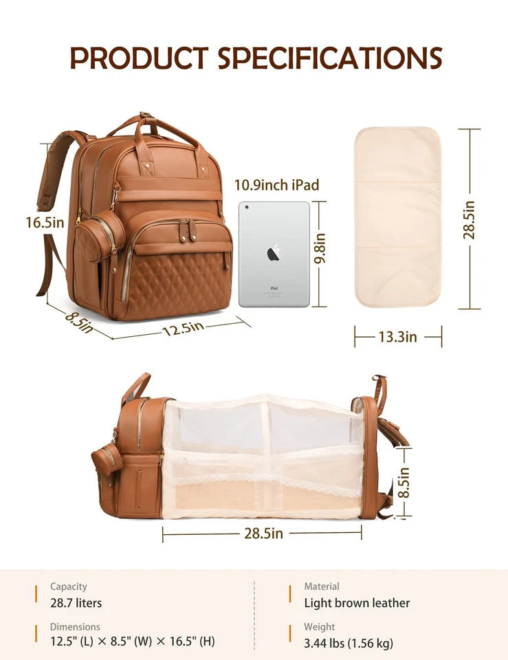 Brown Leather Diaper Bag Backpack with Changing Station