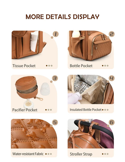 Brown Leather Diaper Bag Backpack with Changing Station