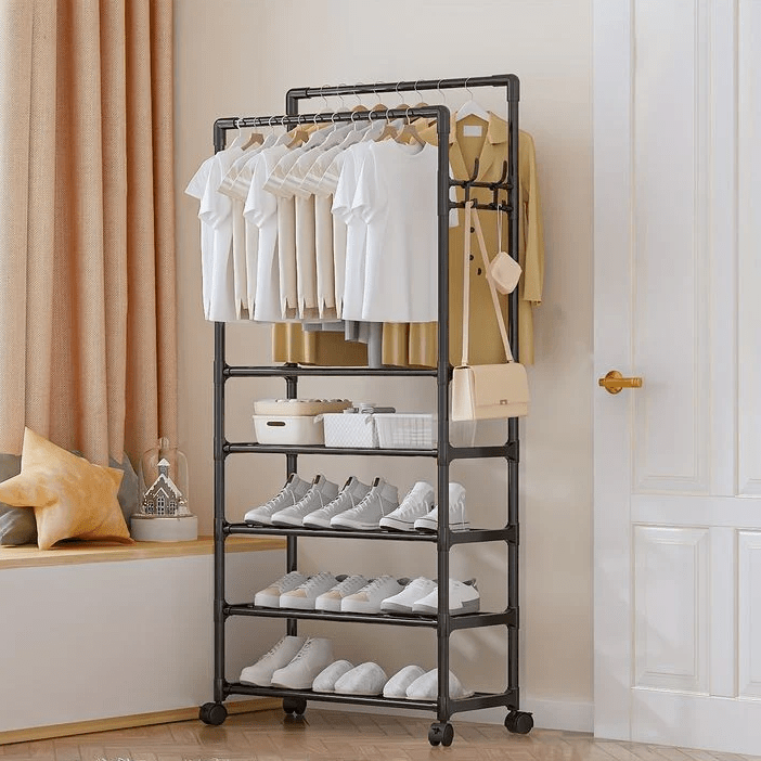 Simple Indoor Double Pole Coat Rack (4l4 - Layer Double Pole Coat Rack – Freestanding Clothes Organizerayer) - Saadiq.pk