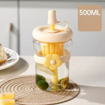 500ml Flower Design Glass Tumbler – Water & Tea Cup with Straw | Cute Office Drinking Bottle