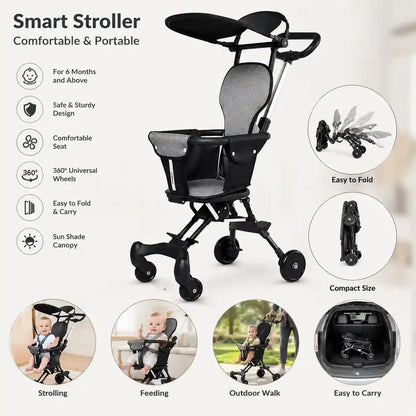 Foldable Baby Stroller – Reversible Seat, 360° Rotating Wheels & Sun Canopy