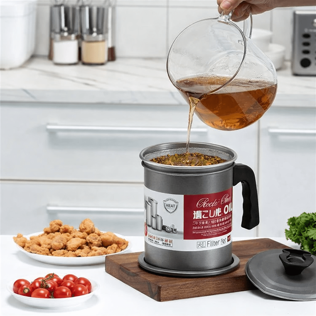 Stainless Steel Oil Filter Pot with Strainer |Kitchen Oil Container - Saadiq.pk