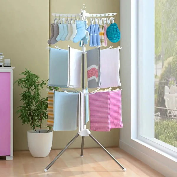 360° Rotating Multi‑Layer Drying Rack | Portable Tripod Hanger for Towels & Baby Clothes