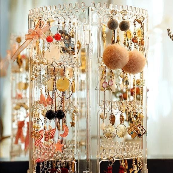 Transparent Acrylic 360‑Degree Rotating Jewelry Organizer | Earring, Necklace & Ring Display Stand - Saadiq.pk