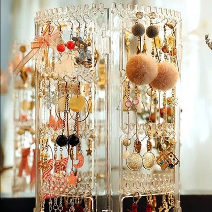 Transparent Acrylic 360‑Degree Rotating Jewelry Organizer | Earring, Necklace & Ring Display Stand - Saadiq.pk