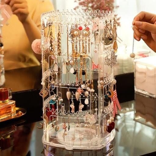 Transparent Acrylic 360‑Degree Rotating Jewelry Organizer | Earring, Necklace & Ring Display Stand - Saadiq.pk