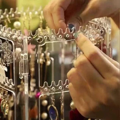 Transparent Acrylic 360‑Degree Rotating Jewelry Organizer | Earring, Necklace & Ring Display Stand - Saadiq.pk