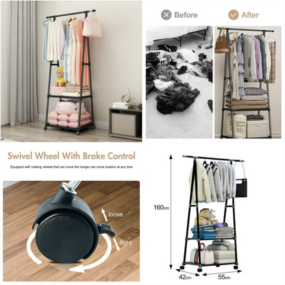 Triangle Clothing Rack with Wheels | Portable Hanging Stand with Storage Shelves