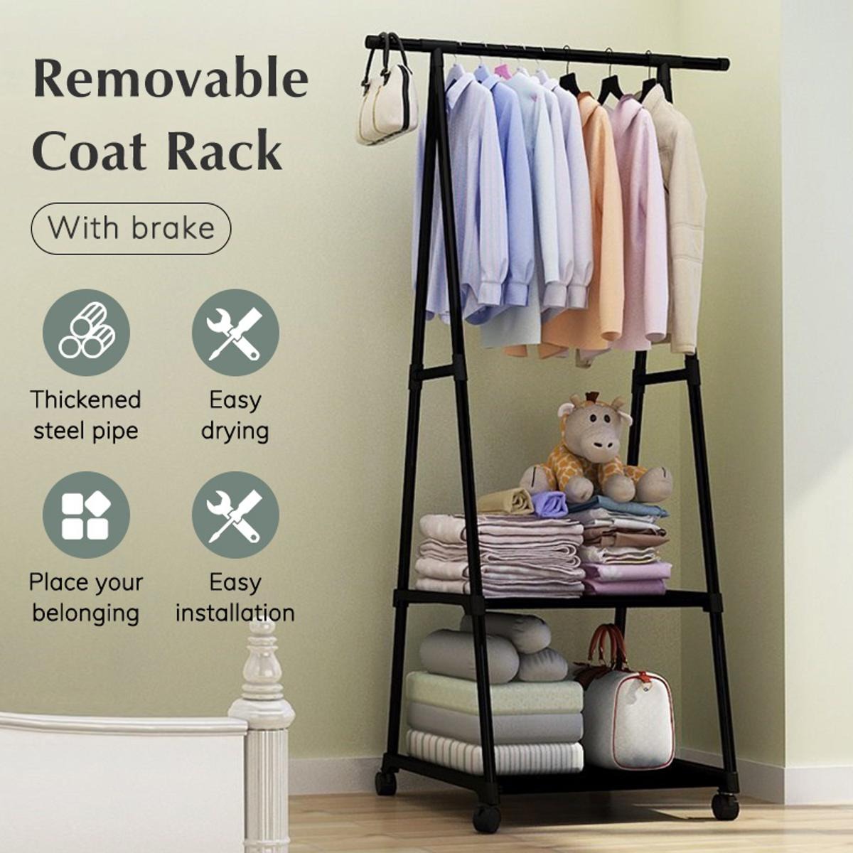Triangle Clothing Rack with Wheels | Portable Hanging Stand with Storage Shelves