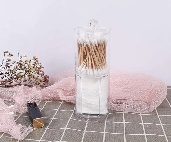 Two - Layer Acrylic Cotton & Pad Organizer – Transparent Makeup Storage Box with Lid - Saadiq.pk
