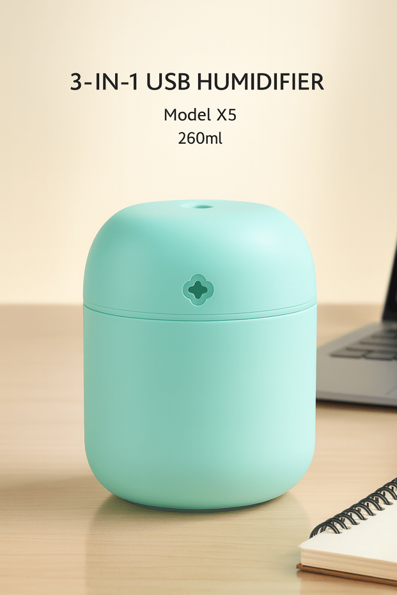 USB Portable Air Humidifier | 3‑in‑1 Cool Mist Humidifier with Silent Mode & LED Light - Saadiq.pk